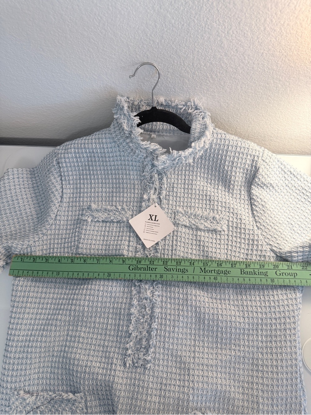 Light Blue Textured Mini Dress with Frayed Trim - Picture 4 of 7